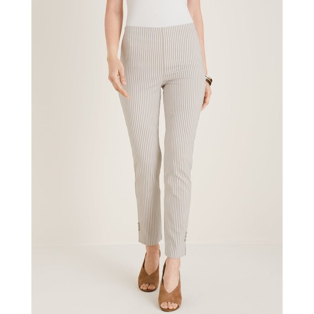 Chicos Womens So Slimming Brigitte Striped Button Ankle Pants Tan Neutral size 2